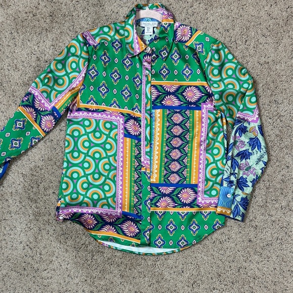 Rachel Zoe Green and Purple Geometric Blouse Small - Picture 1 of 4